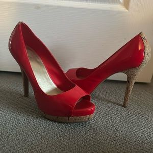 Jessica Simpson JP-Edith Heel. Women’s size 11. Red with multi color cork heel.